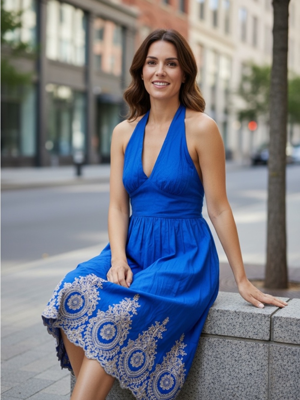 Deep Blue Halter Midi Dress‎ with Gold Embroidered Hem - Picture 2 of 11